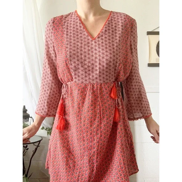Boden Red Floral Print Tunic Dress Tassel Pom Pom - Picture 1 of 13